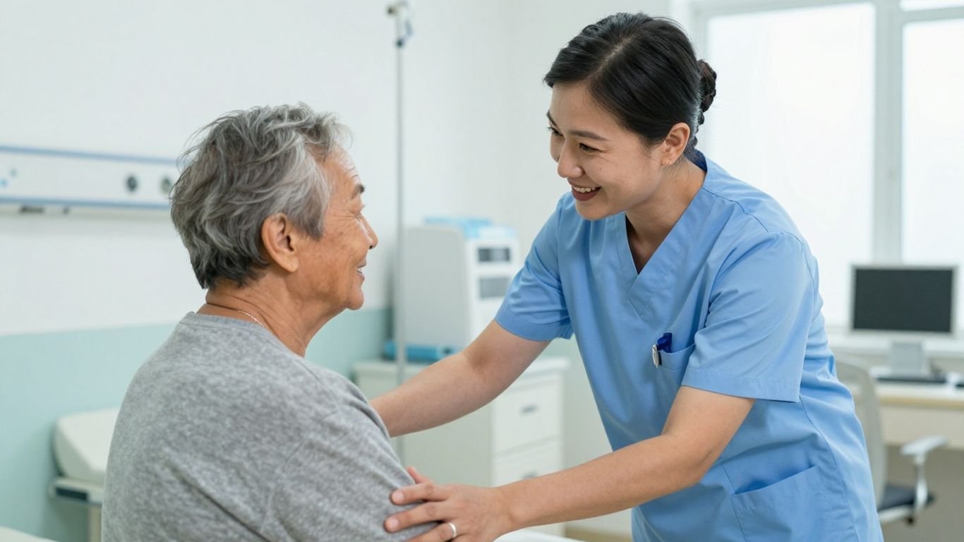 CNA helping elderly patient in healthcare setting.