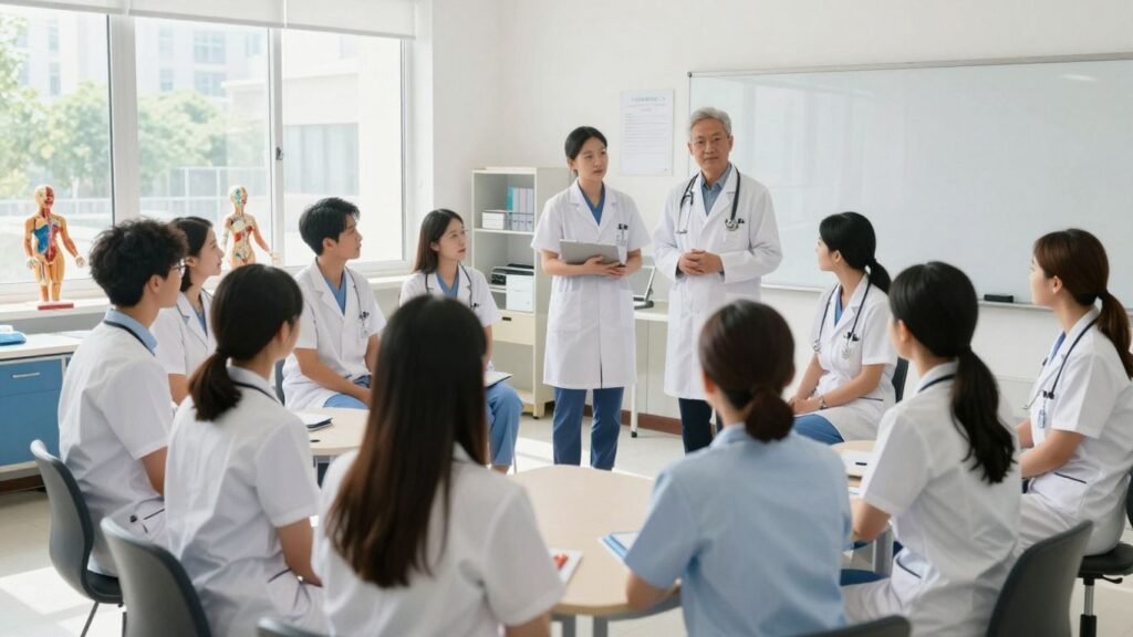 Students in medical scrubs learning in a classroom.