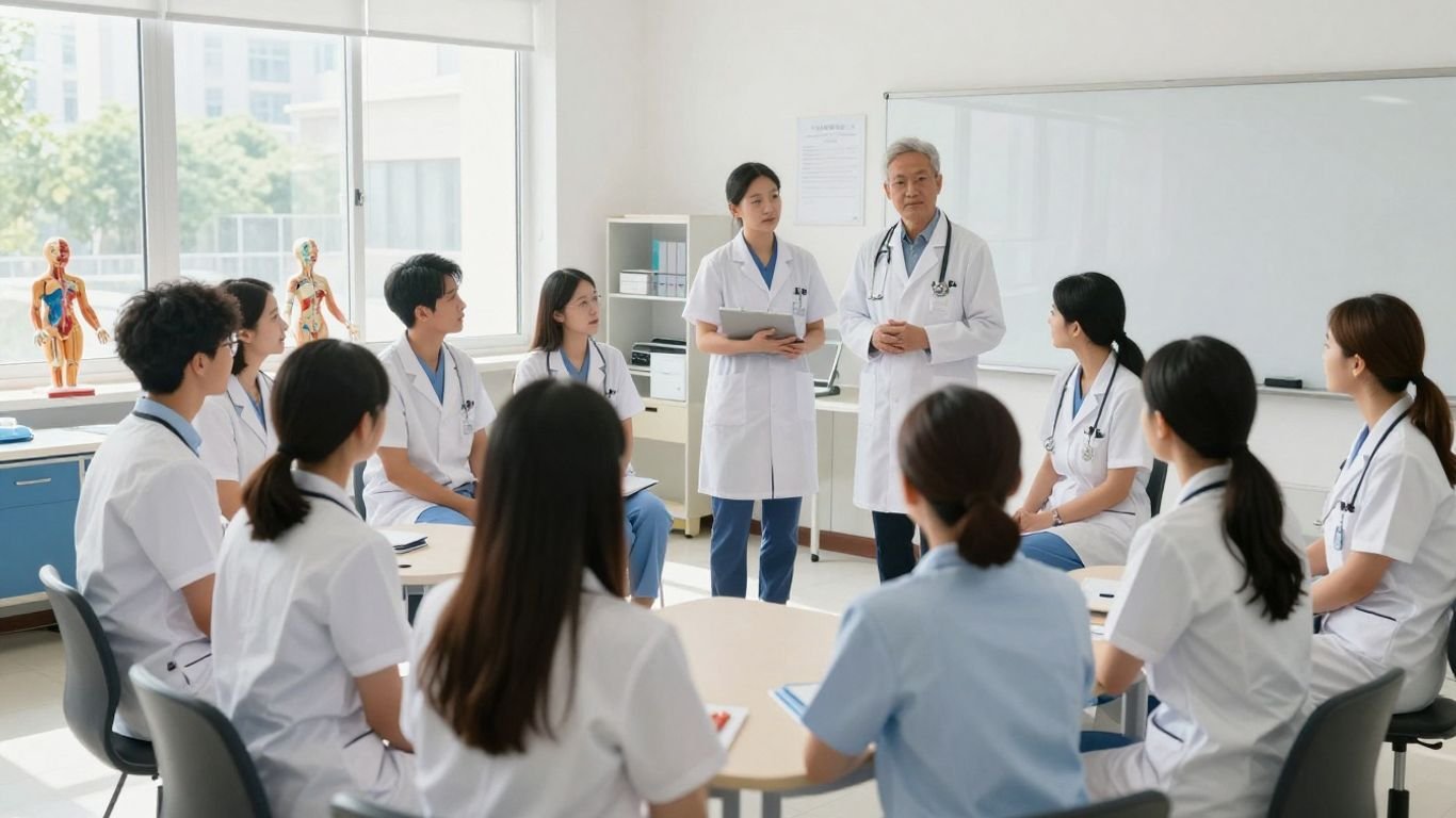 Students in medical scrubs learning in a classroom.