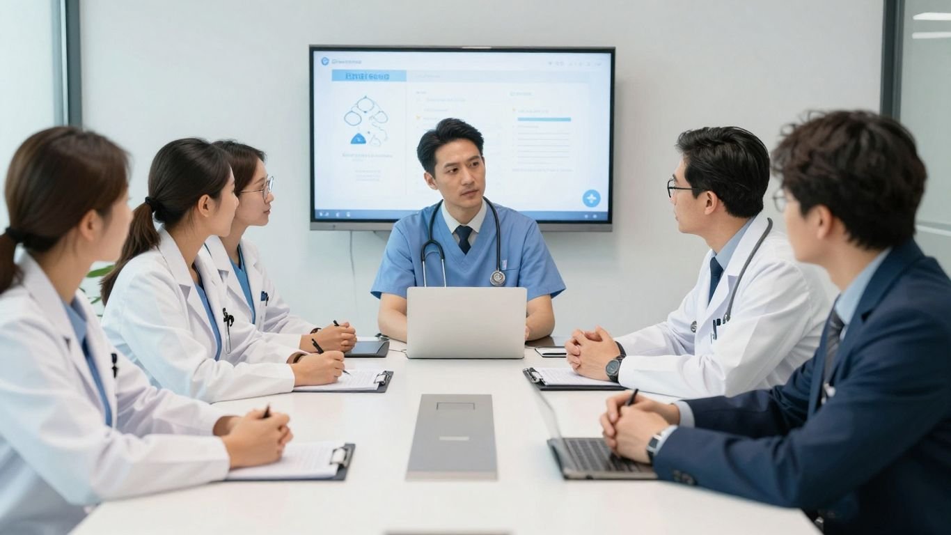 Healthcare professionals collaborating in a modern institute setting.