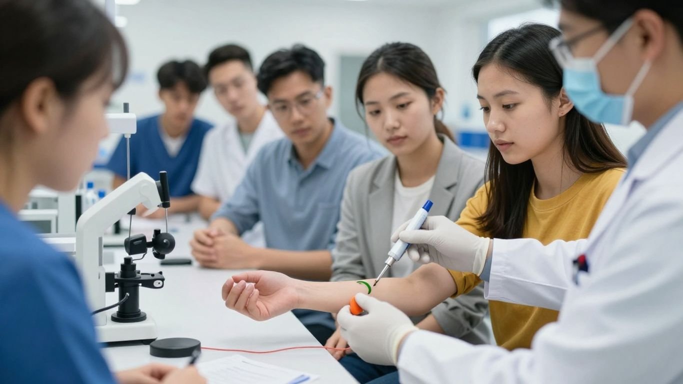 Students observing a phlebotomy blood draw procedure.