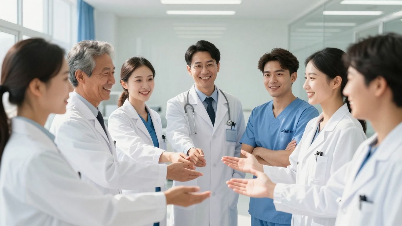 People in healthcare training looking towards a bright future.