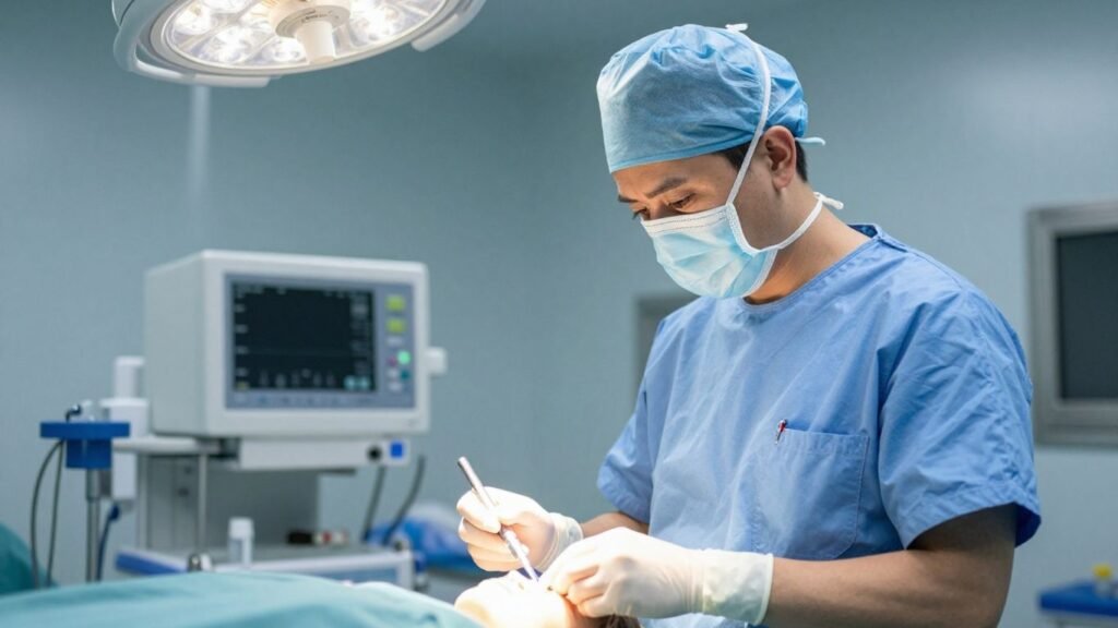 Anesthesiologist assistant in operating room with medical equipment.