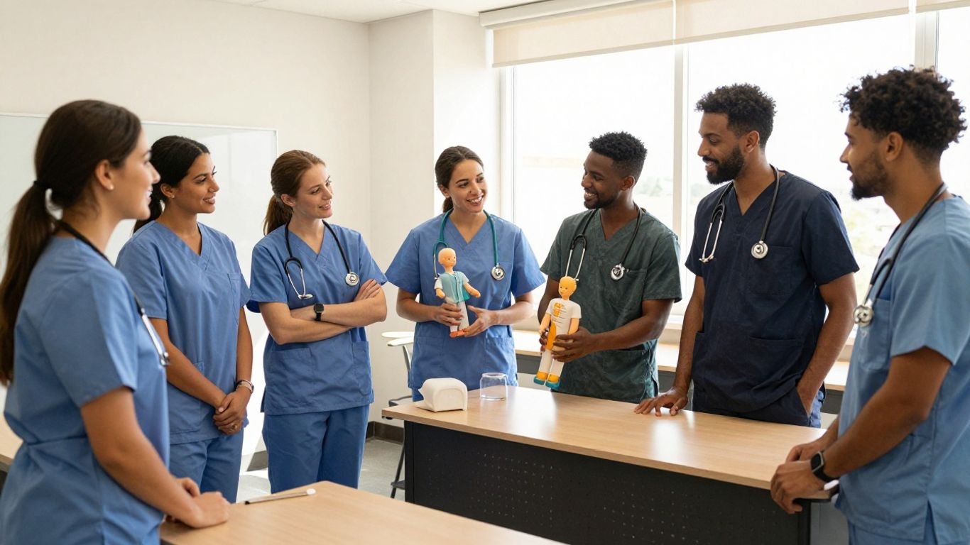 Healthcare students learning in a bright classroom.