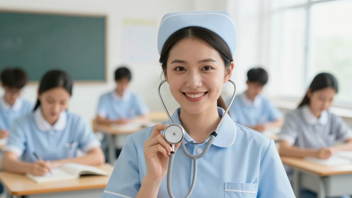 Nurse smiling with stethoscope in classroom