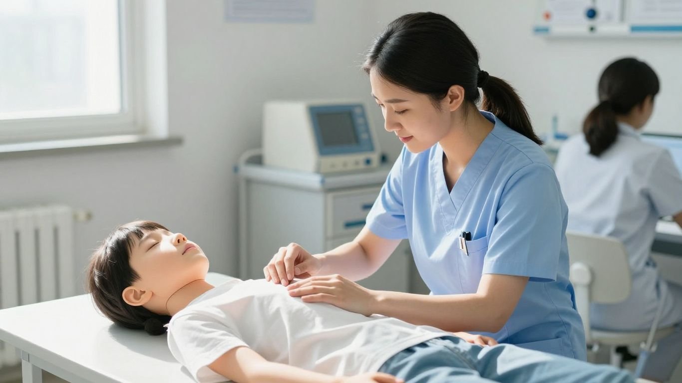 Nurse teaching student CNA skills in a classroom.