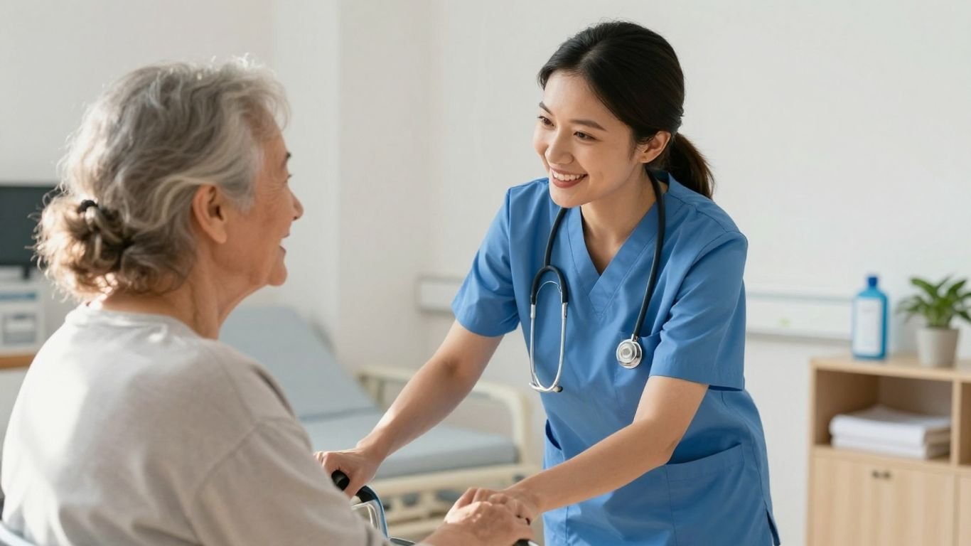 CNA assisting elderly patient in a healthcare setting.