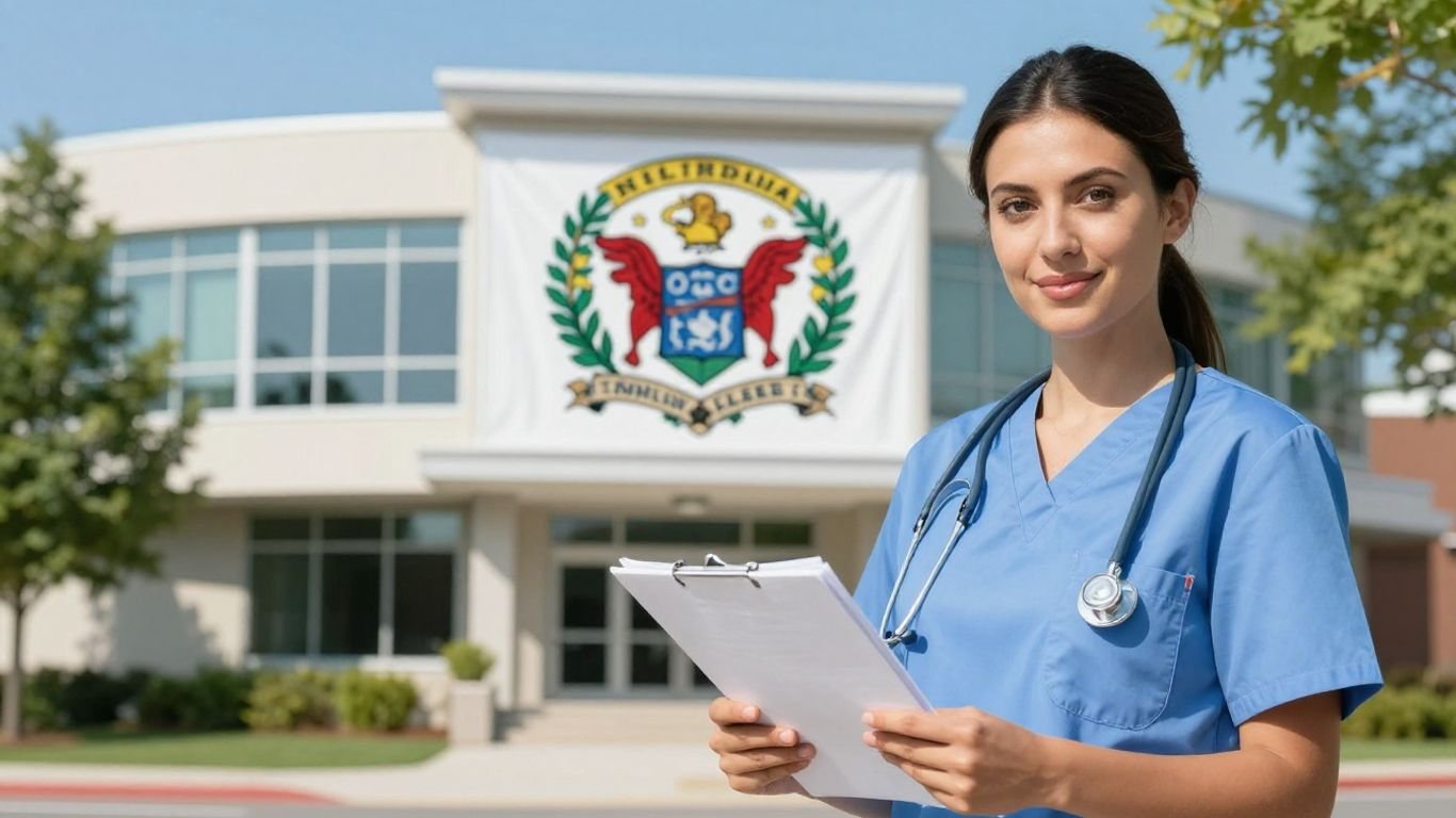 Nurse stands before New Jersey nursing board building