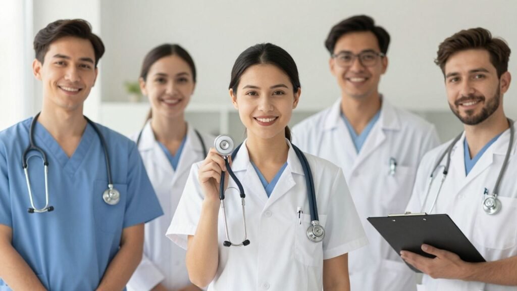 Healthcare professionals smiling and holding medical equipment.