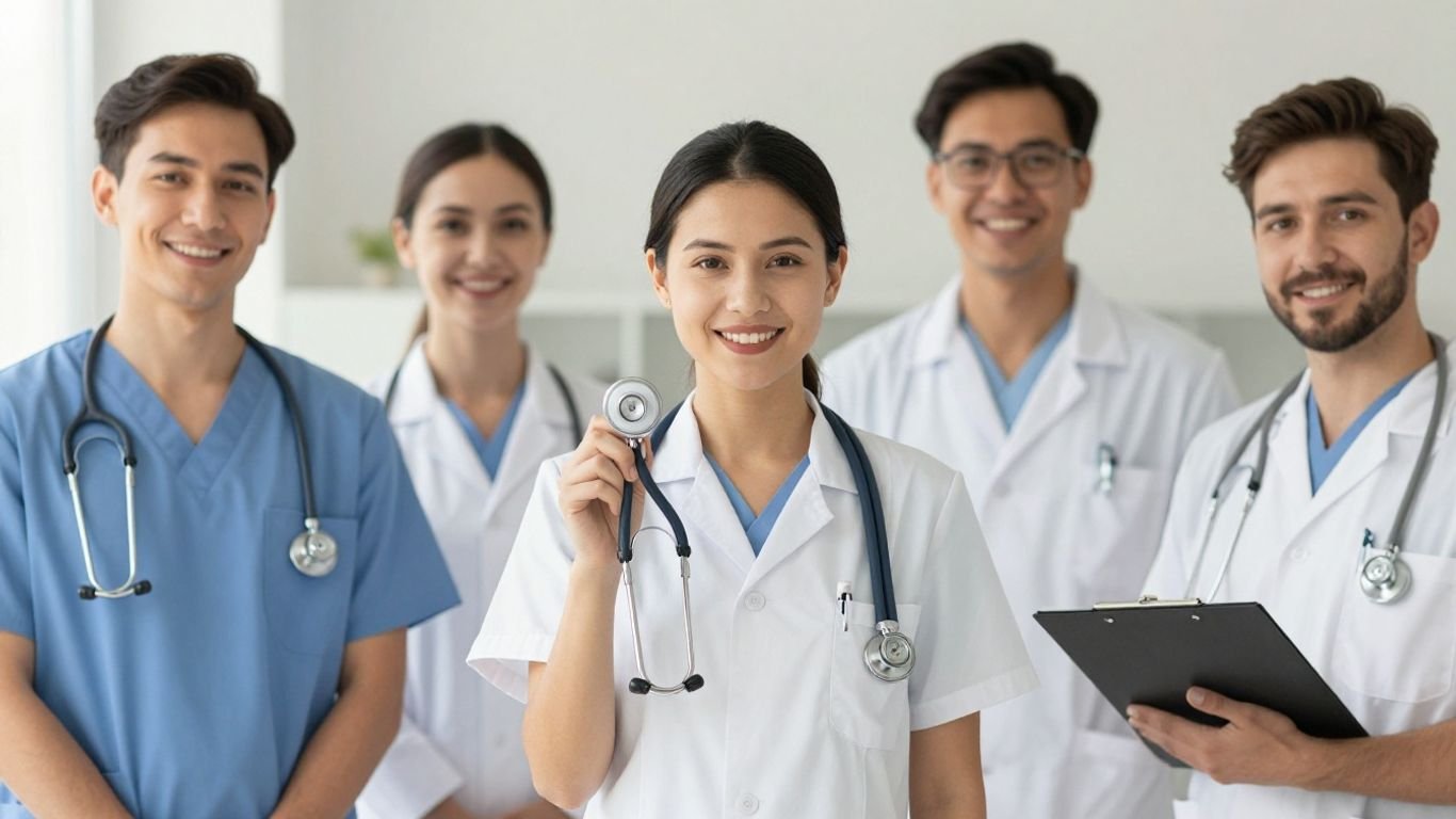 Healthcare professionals smiling and holding medical equipment.