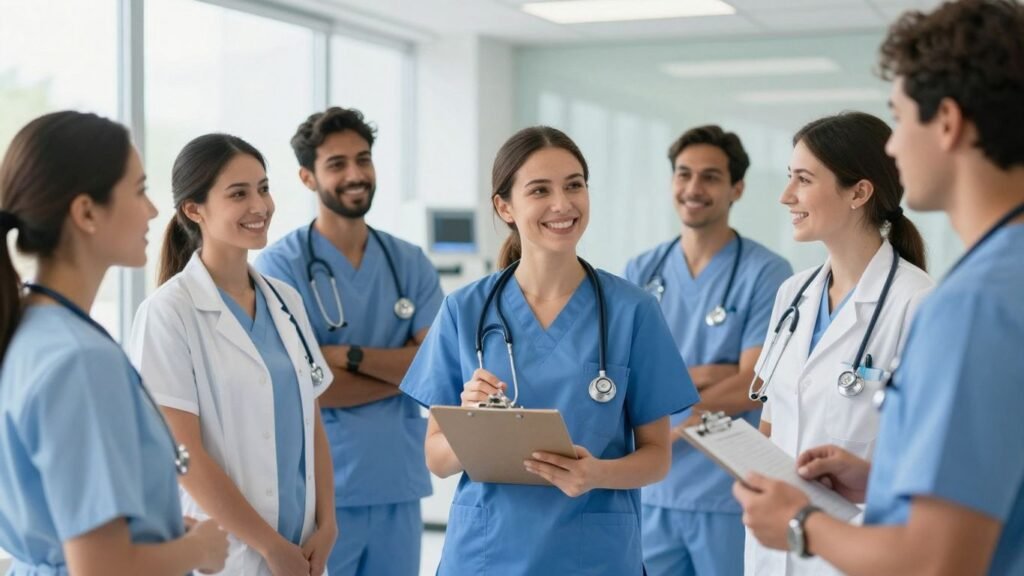 Healthcare professionals in scrubs with stethoscopes, looking hopeful.
