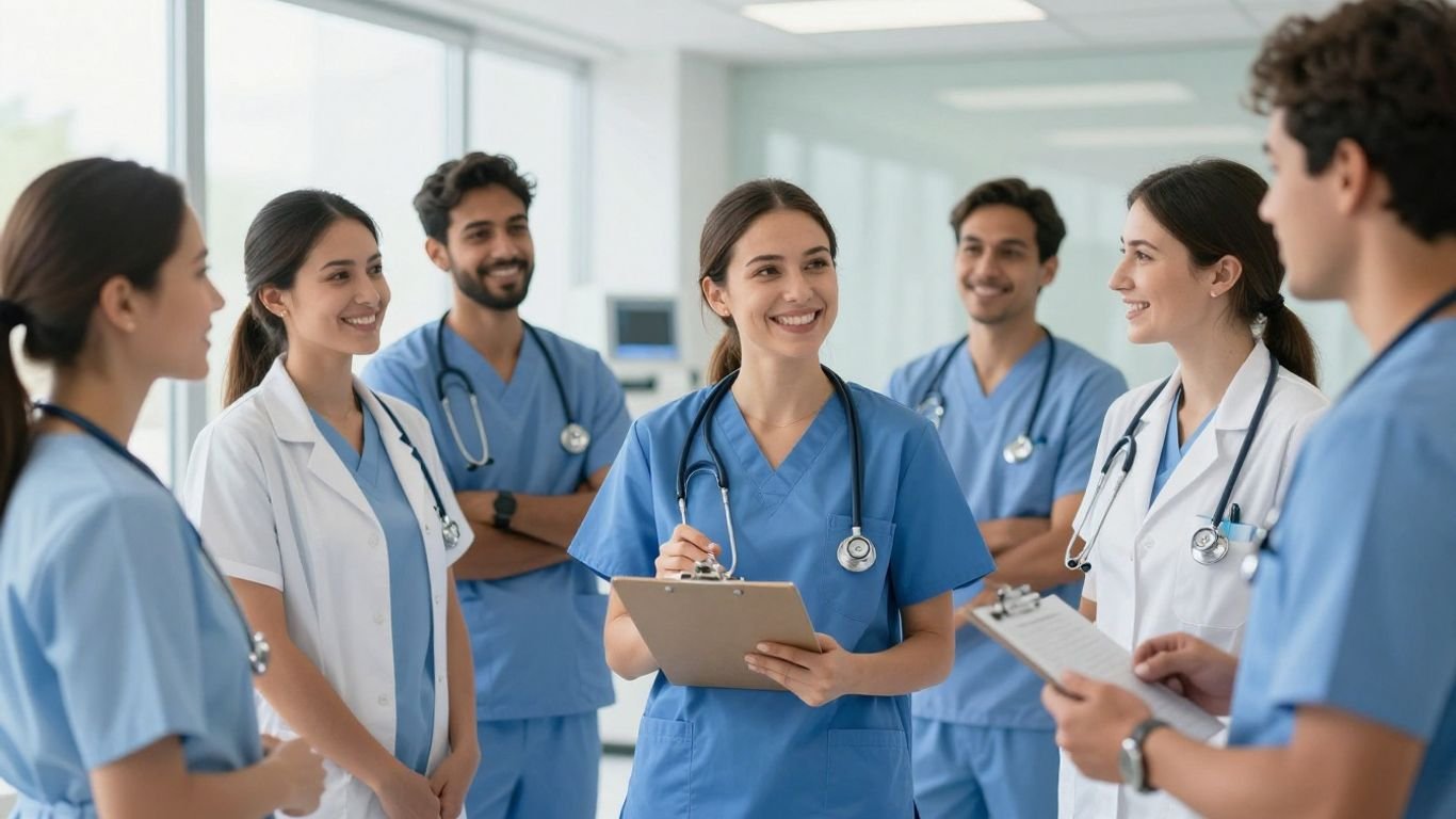 Healthcare professionals in scrubs with stethoscopes, looking hopeful.